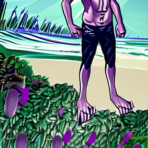 AI generated: young man, goatee, small black cat on shoulder purple eyes, beach, green swimsuit, muscular, happy, ...