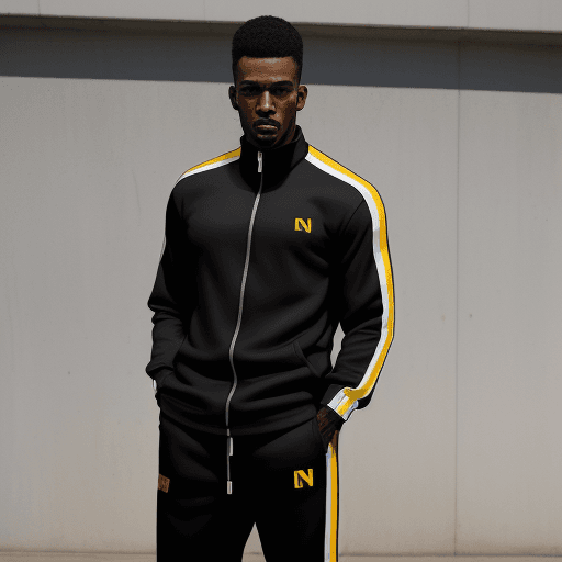 AI generated: black man wearing a track suit, track suit design is wet paint dripping