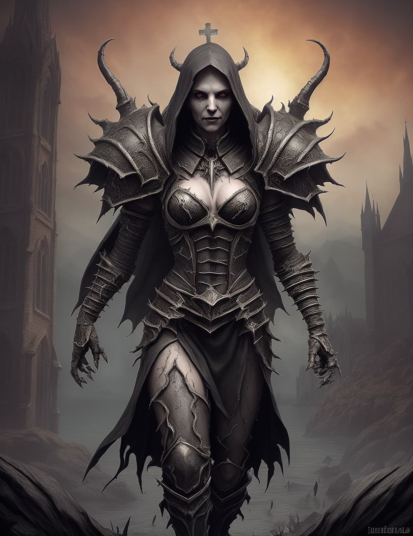 AI generated: A female necromancer, from the game Diablo IV, (detailed stunning hell environment) , cinematic, cov...