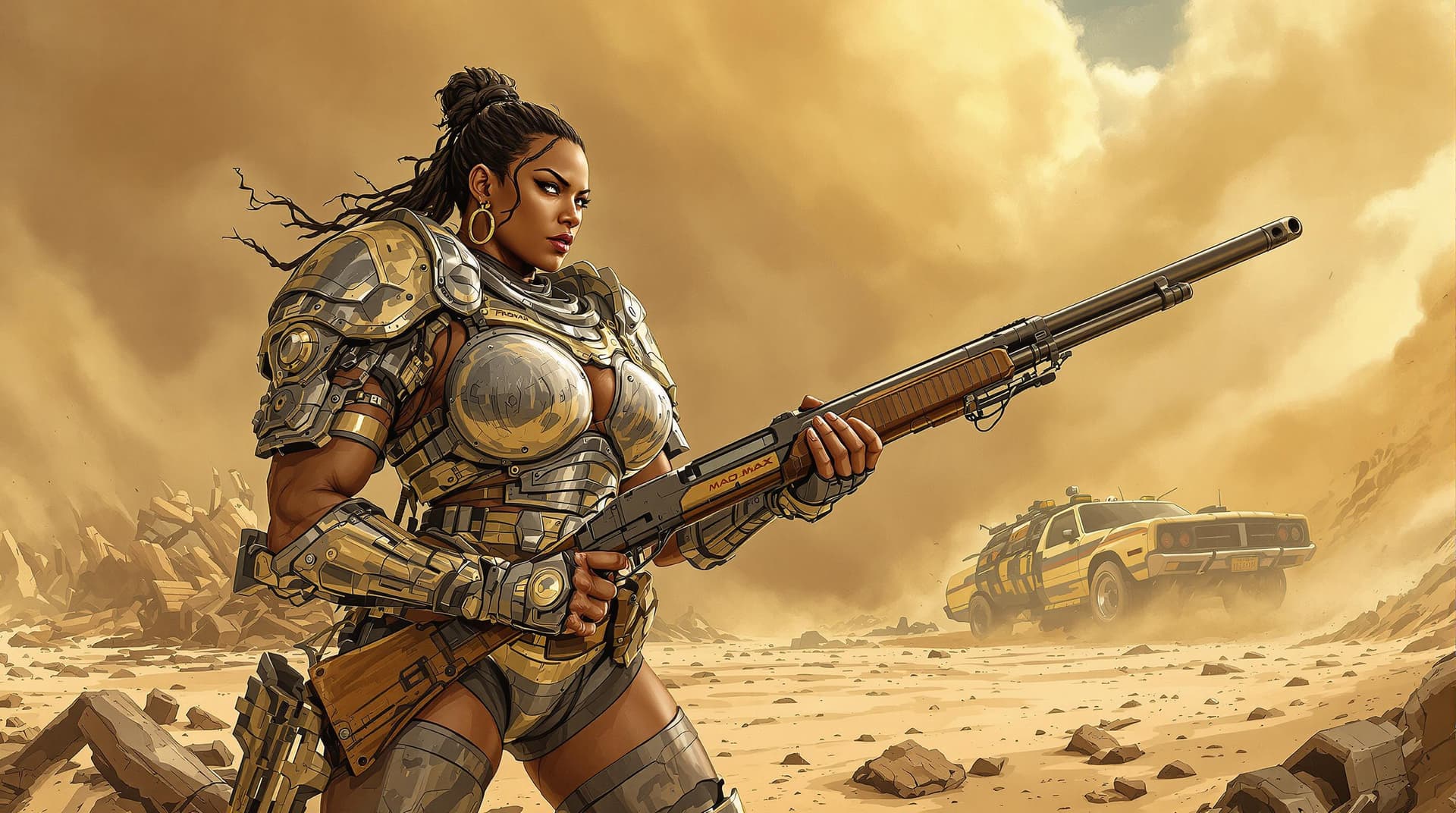 AI generated: (subject, a African American female extreme bodybuilder apocalyptic warrior, description, wearing se...