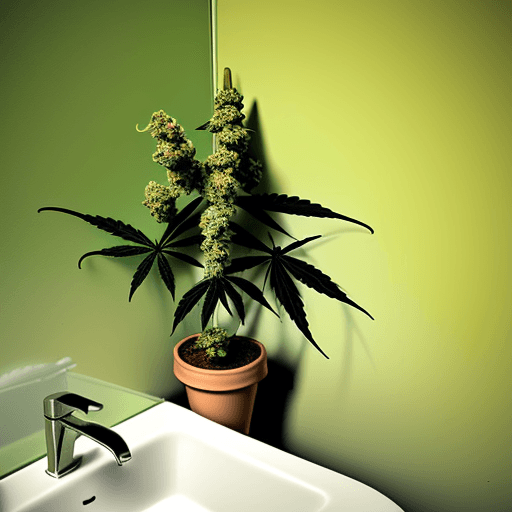 AI generated: a colorfoul flower of marijuana in a little bathroom with a lot of plants of marijuana