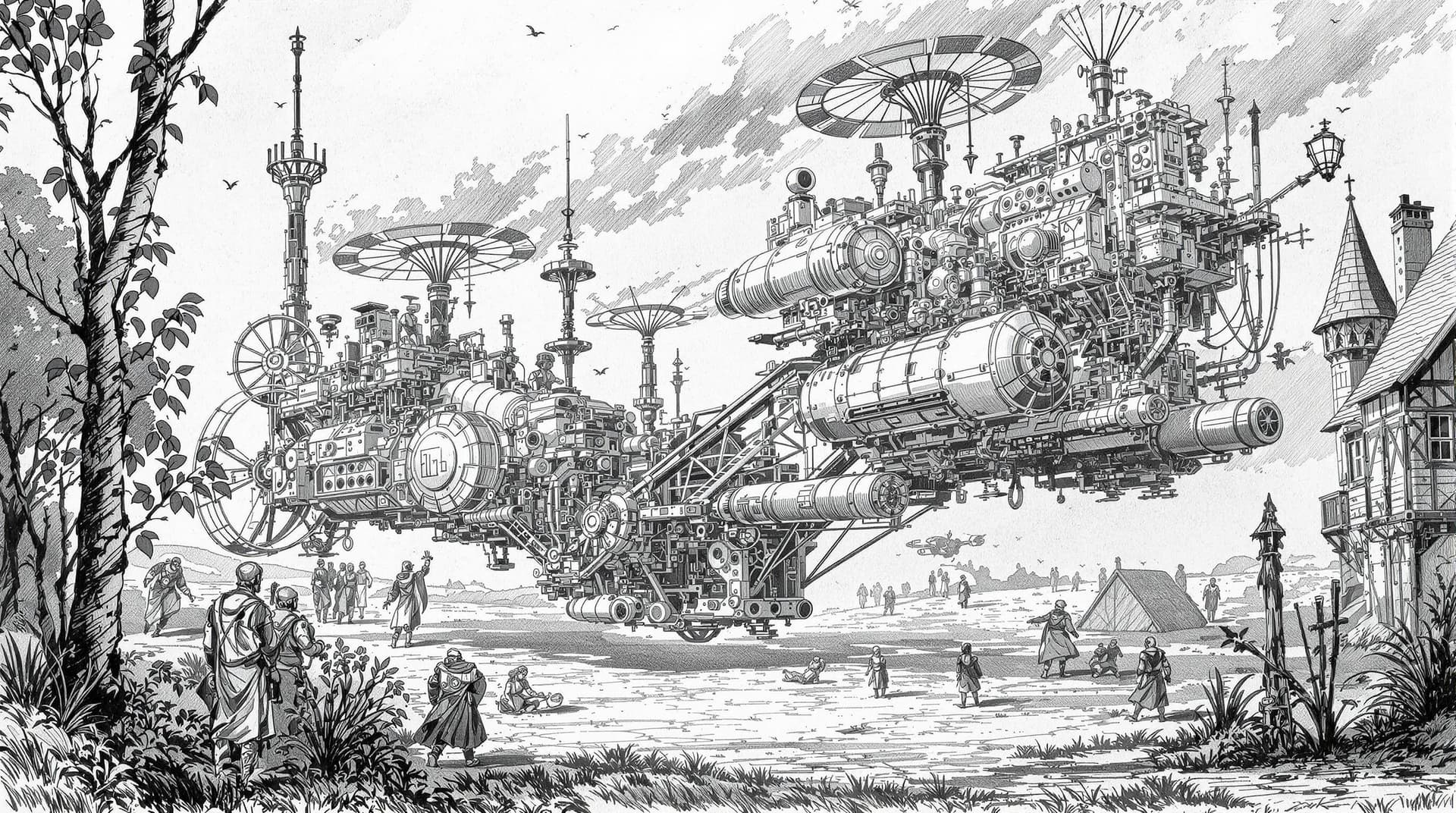 AI generated: Medieval scene, detailed pencil and ink sketch of what life may be like in the future from a 16th ce...