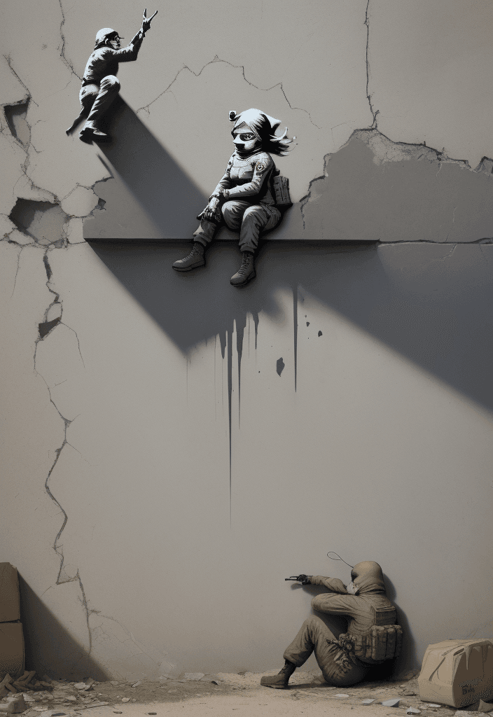 AI generated: gravity wall with work of the artist Banksy in war zone, high definition, 4k, 8k, photorealism