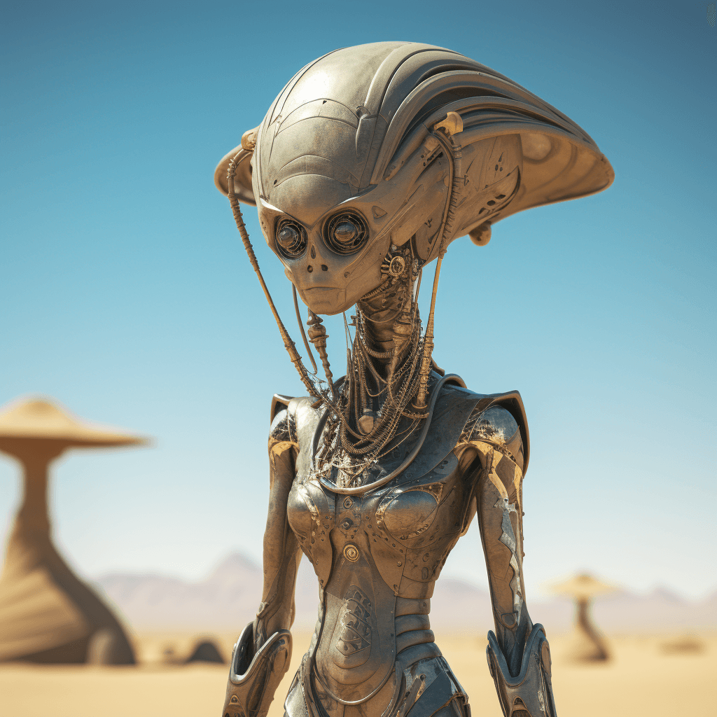 AI generated: alien creature in desert art hd, in the style of futuristic glamour, dark beige and gold, low depth ...