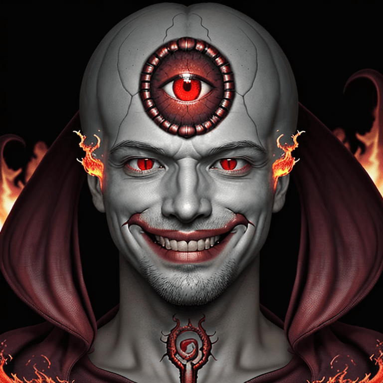 AI generated: crimson king, photorealistic, grinning man, burning eyes, human, eerie