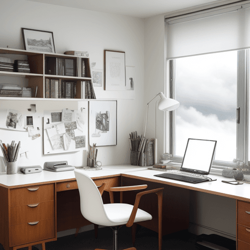 AI generated: photograph, home office, mid-century, cloudy, creating a warm white and inviting atmosphere, such as...
