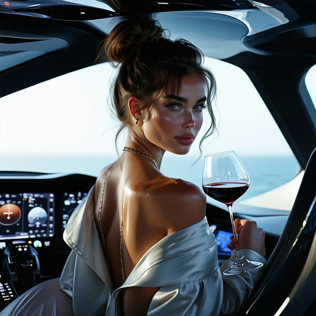AI generated: Une femme attend d'arriver à destination dans le cockpit de son vaisseau.
Elle porte une tenue très ...