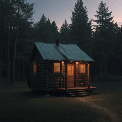 AI generated: Tiny Cabin in the Woods At Dusk