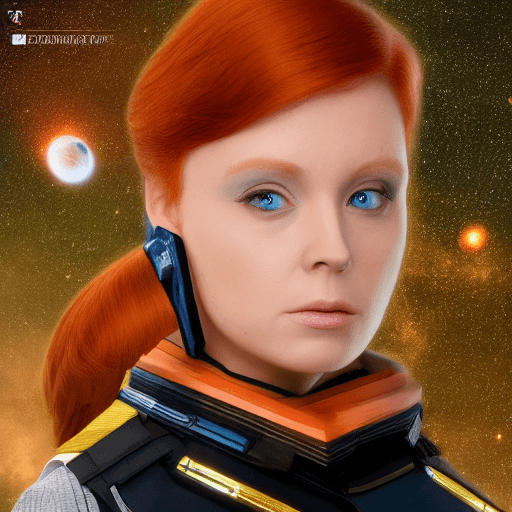 AI generated: sci-fi female, ginger hair, 8k, profesional image, super modle, space station, officer uniform like ...