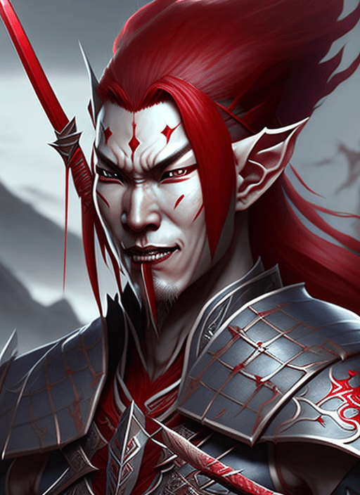 AI generated: evil male elf samurai with grey skin and red hair, ultra realistic, concept art, intricate details, ...
