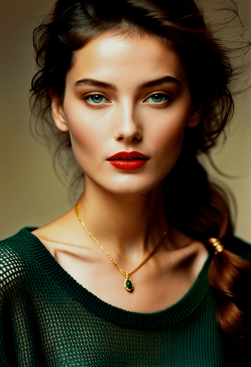 AI generated: The image features a beautiful young woman with long, dark hair, wearing a green shirt. She is looki...