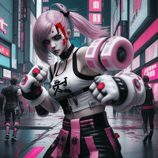 AI generated: Breaking reality white, glitch, Fashionable japanese cyberpunk fighting with bleeding fists
