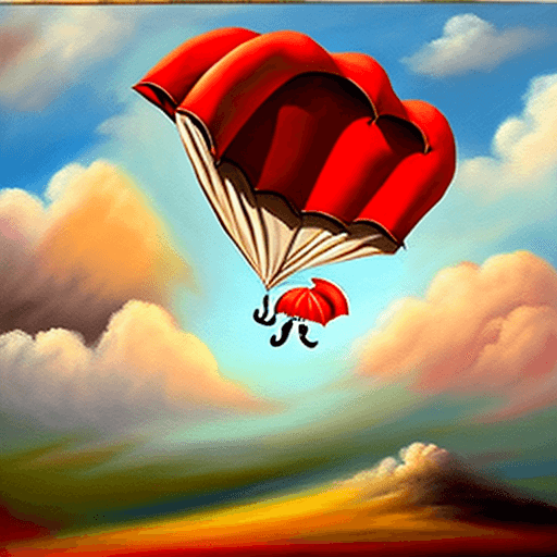 AI generated: Falling elephant attached to one red parachute amidst sunny clouds.
Style: oil painting
