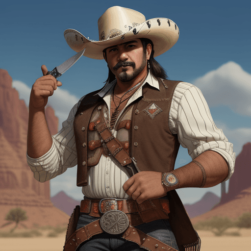 AI generated: a friendly looking mexican gunslinger, many knifes on his outfit, wild west style, 8k