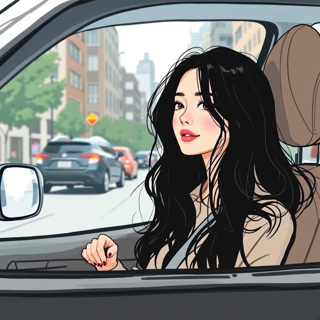 AI generated: A hand-drawn illustration of a woman with long black hair, riding in a car, cartoon feel, urban stre...