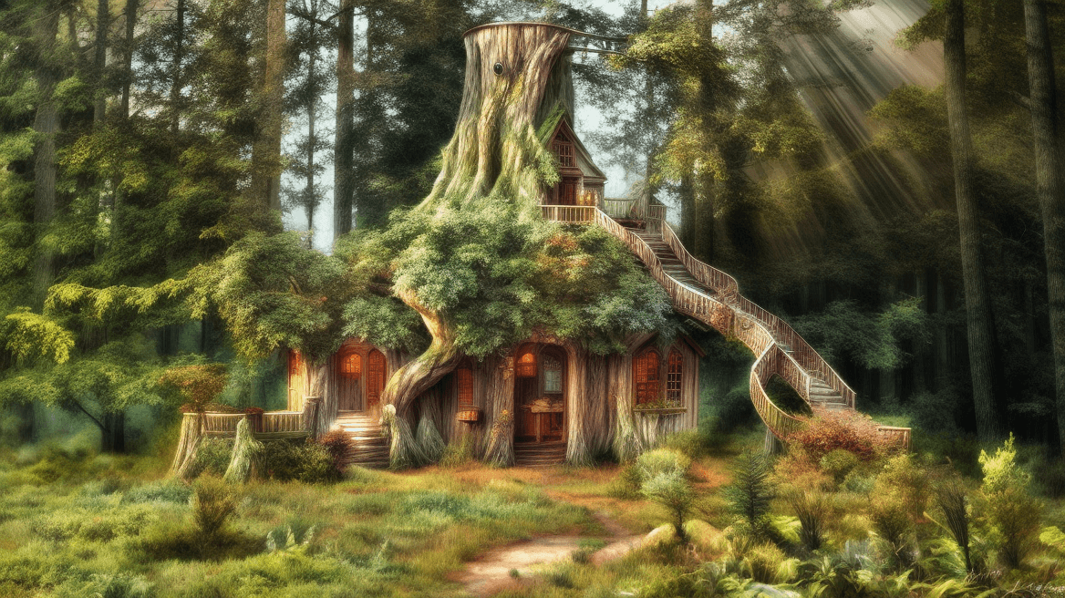 AI generated: by Kelly Freas, an enchanted tree house in an enchanted forest, sunrise, volumetric fog, mystery, lo...