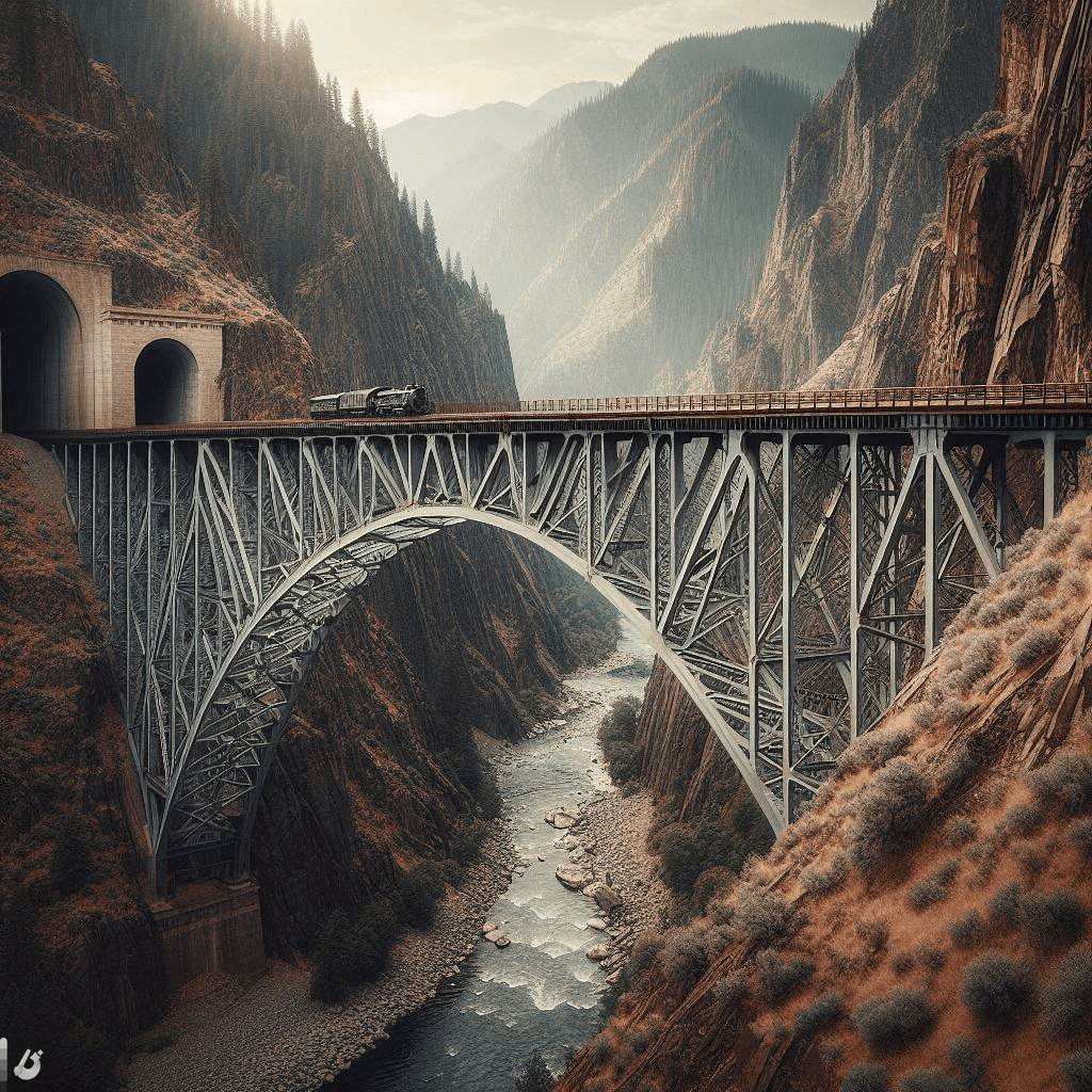 AI generated: Steel railway bridge spans Hells Canyon, leading into a mountain tunnel. The rugged landscape frames...