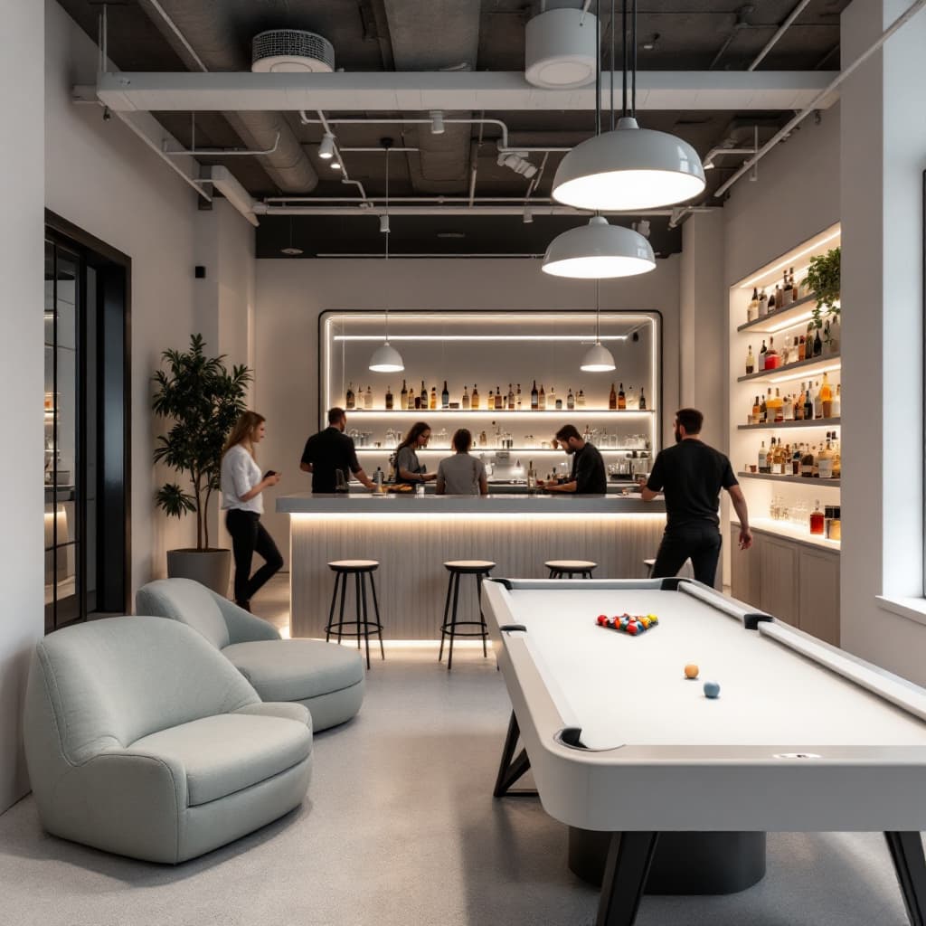 AI generated: un bar blanc ouvert au public avec des clients, avec billards minimaliste et des fauteuils pour se d...