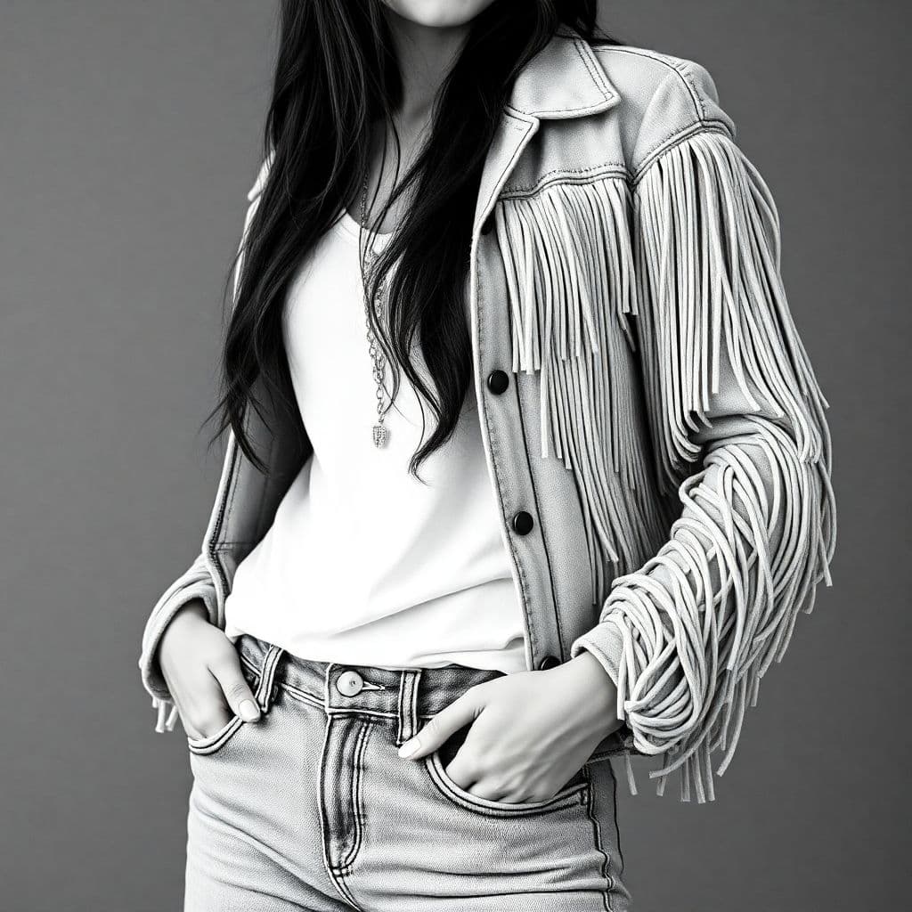 AI generated: ubsurdres detail  black and white  style stipulated beautiful hippy women wearing a fringe jacket an...