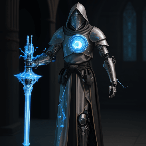 AI generated: medieval knight cybernetic mage with cool robes and glowing weapon, sci-fi, photorealistic, cinemati...