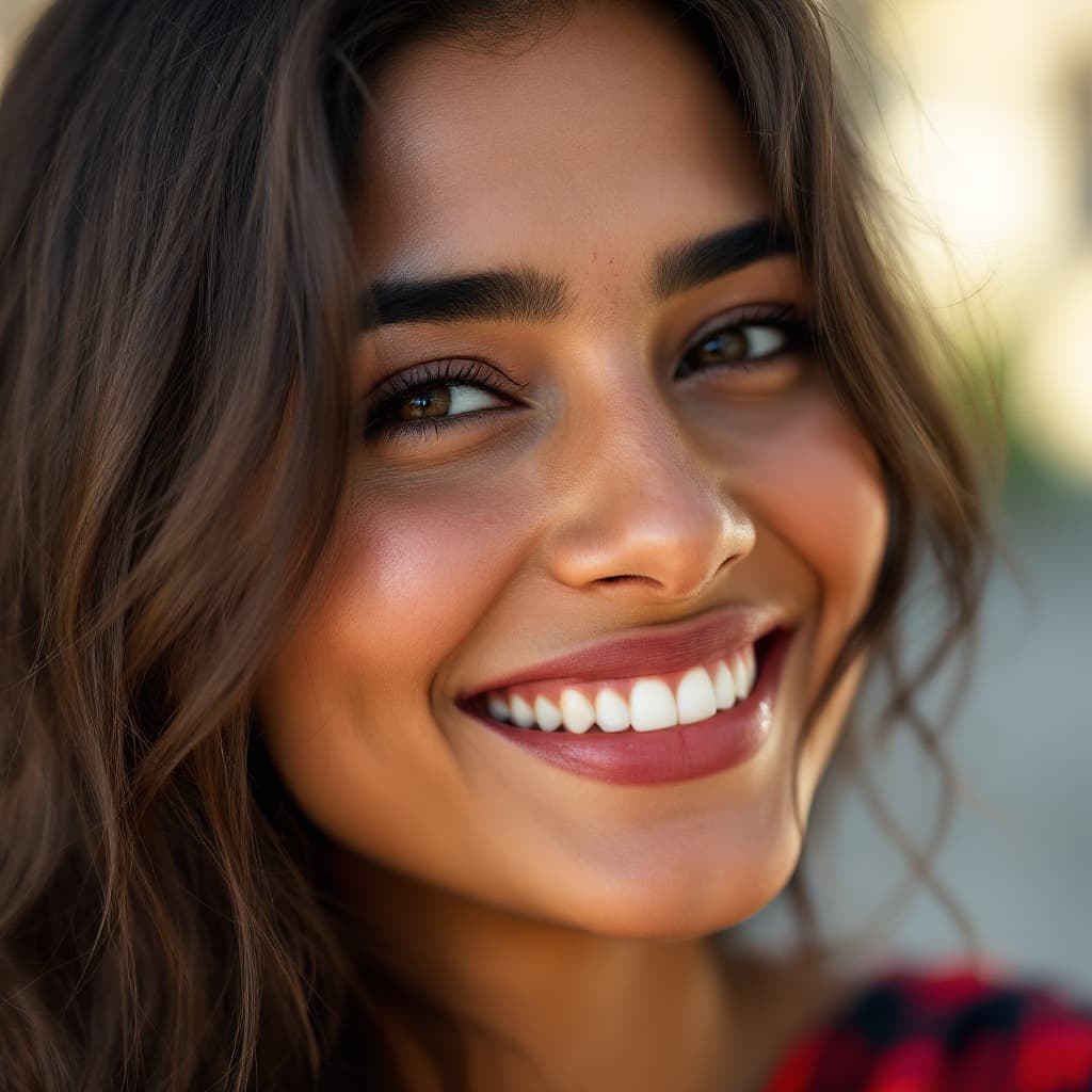 AI generated: A close-up portrait of a 27-year-old Indian woman, her face beautifully framed by two loose strands ...