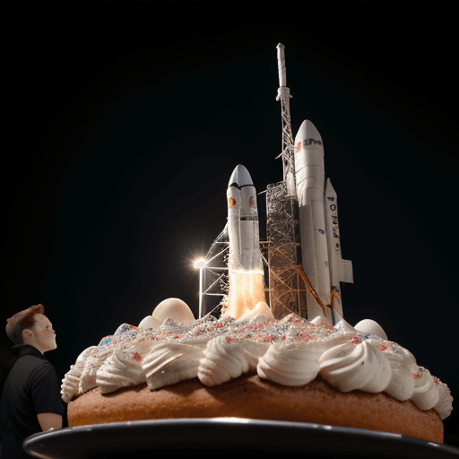 AI generated: High resolution photography, Space X make a rocket out of birthday cake, Elon Musk's face watching o...