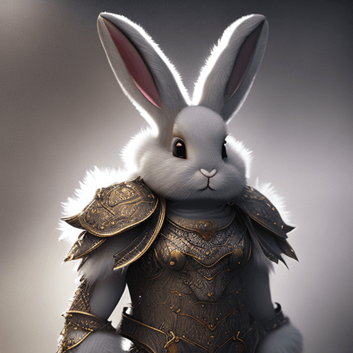 AI generated: bunny, high ornamented light armor, fluffy fur, foggy, wet, stormy, 70mm, cinematic, highly detailed