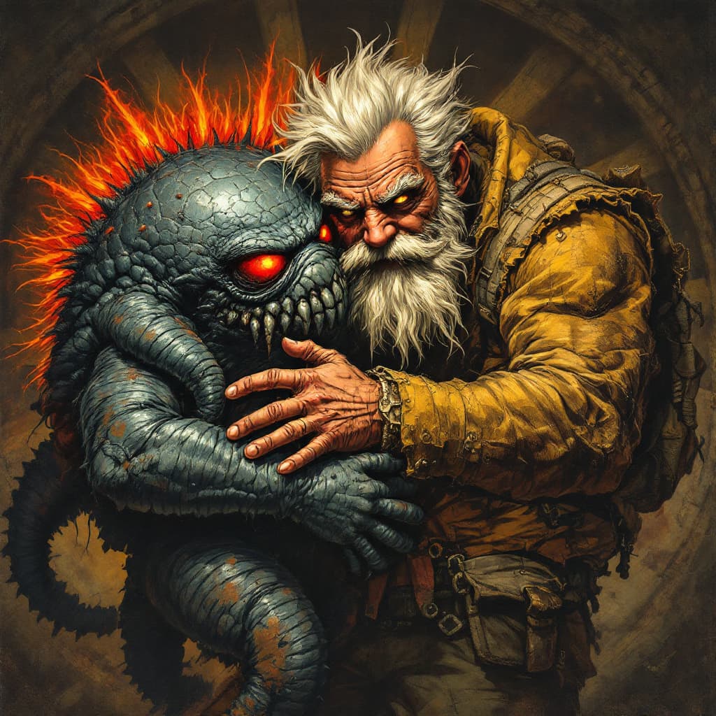 AI generated: a bold man hugging two huge dermodex mites