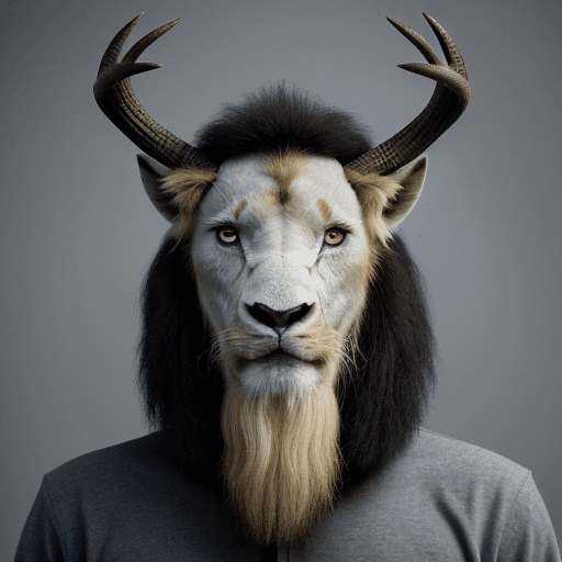 AI generated: He is NOT a human, he is dragon like. His head is horse-like. He has a deer antler on the right, a b...