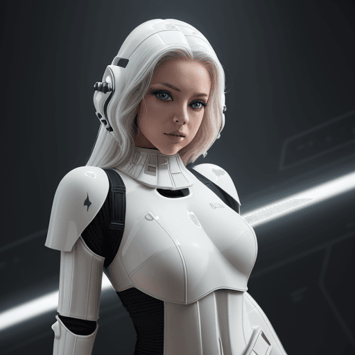AI generated: female dressed as storm trooper, lingerie, starship background, (((full body visible) )), looking at...