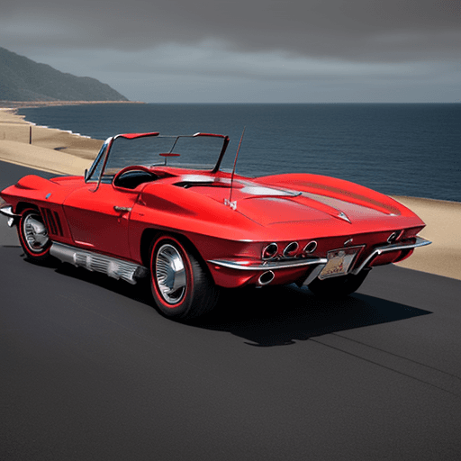 AI generated: side view, red 1964 Chevrolet Corvette in front of the ocean, in the style of dark gray and dark azu...