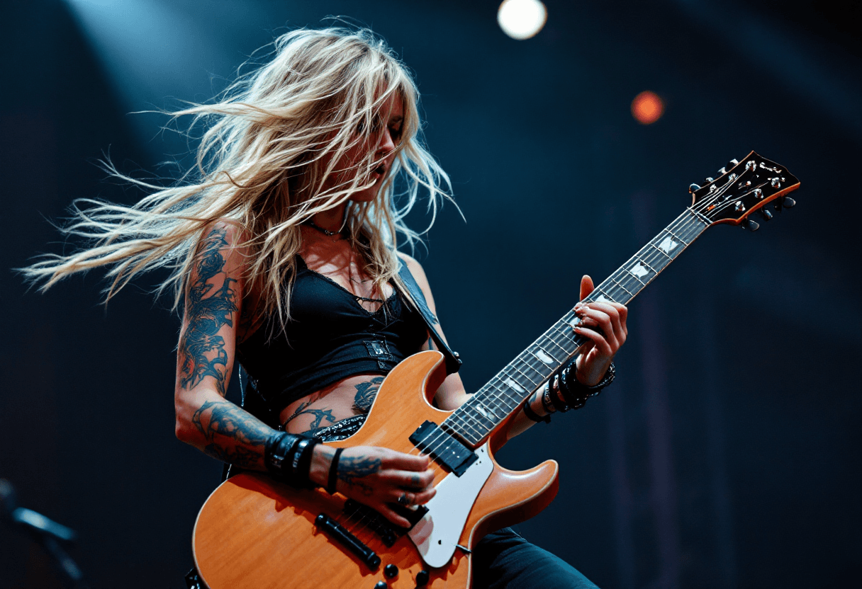 AI generated: Female Norwegian rockstar playing electric guitar on stage, long blonde messy hair, with tattoos, ro...