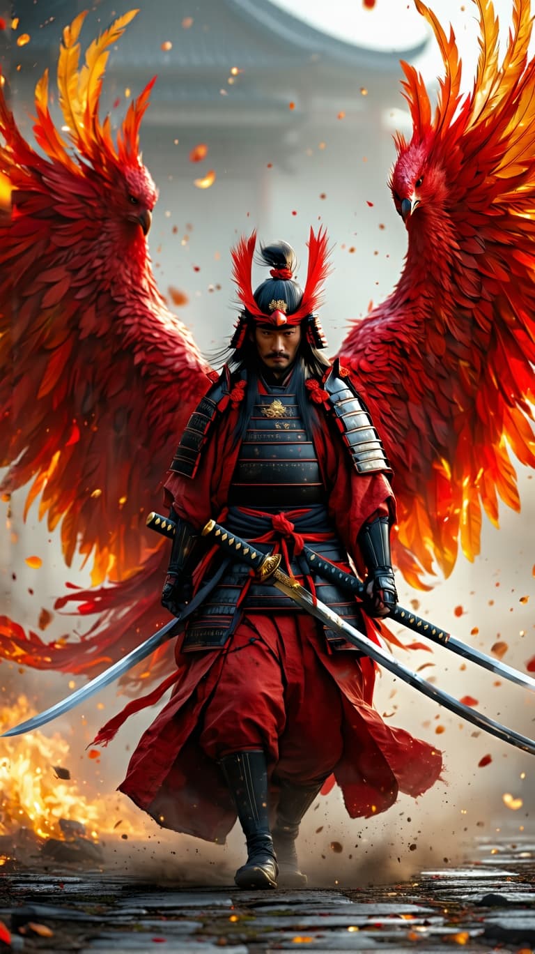AI generated: An ultra-realistic, zoomed out, front facing, full-body portrait of a regal young Japanese samurai w...