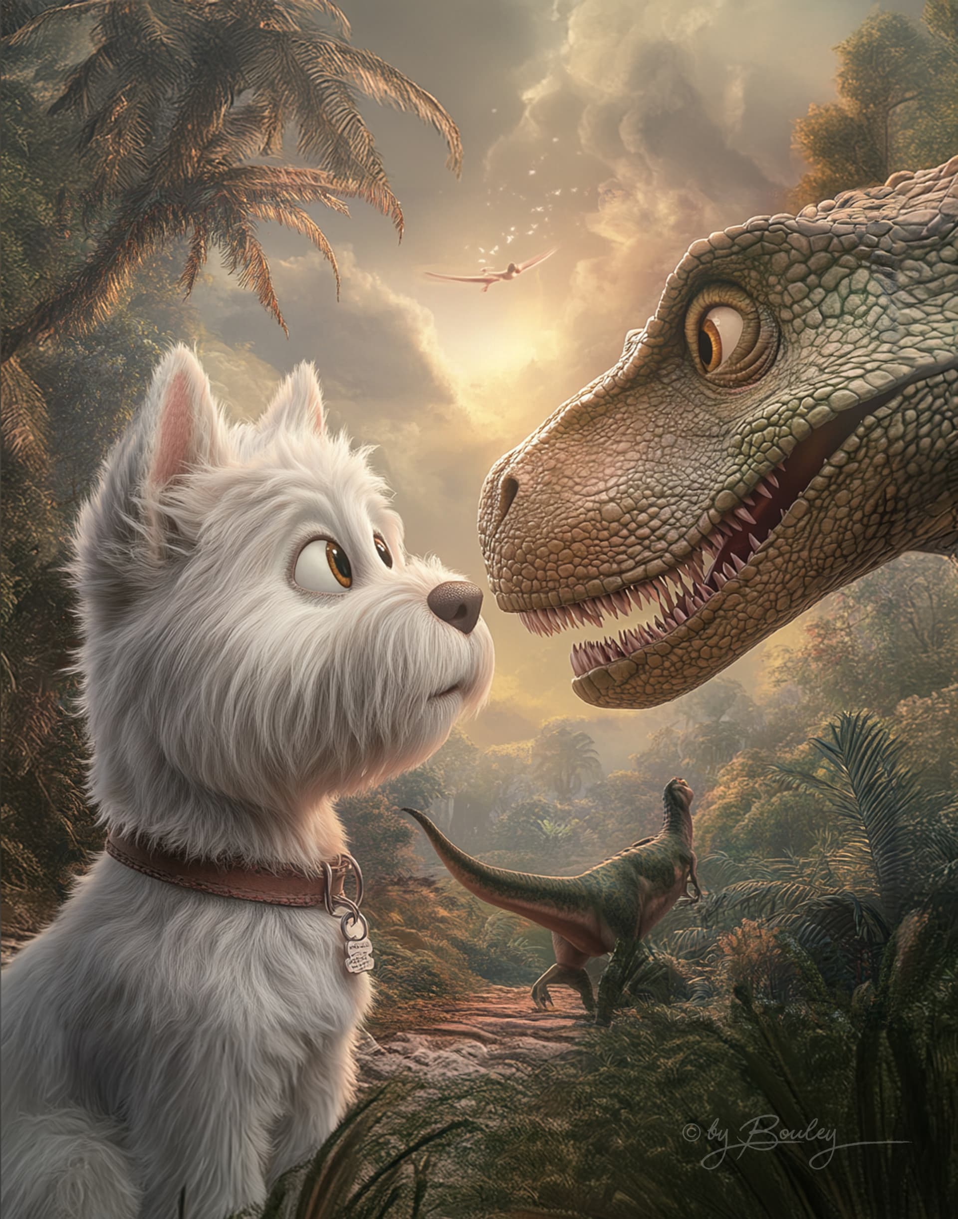 AI generated: West Highland White Terrier dog, ears up, face to face with a Tyrannosaurus dinosaur, looking at eac...