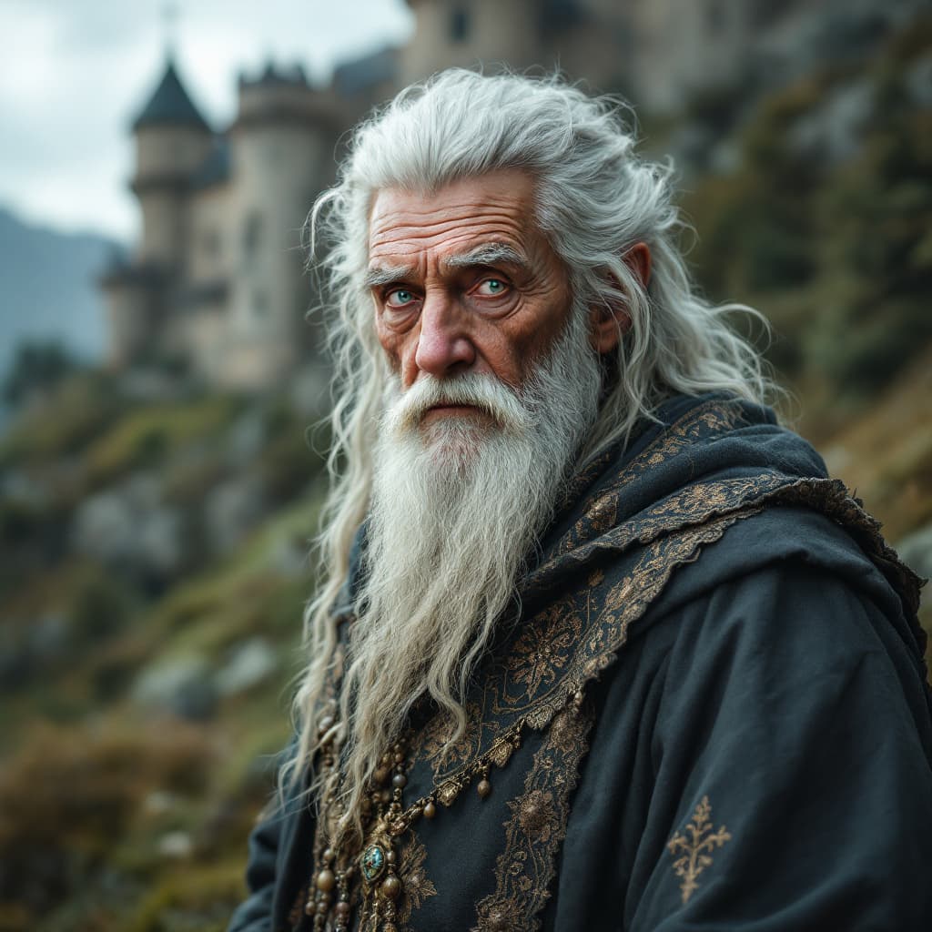 AI generated: hyper-realistic (fabled character tale) a wisdom old character, a castle in the back. with detailed ...