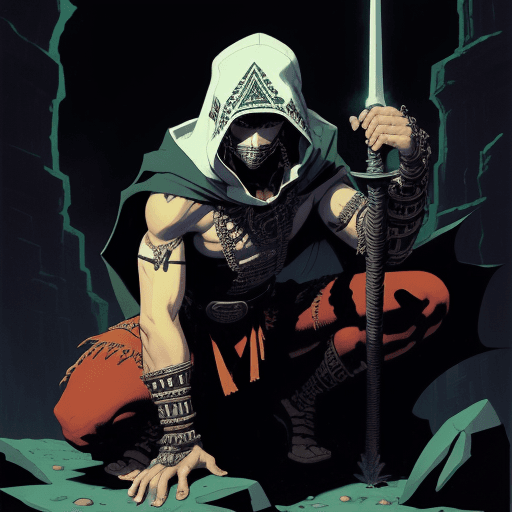 AI generated: Mike Mignola styled young man in monotone aztec clothing, mayan punk, cyber, comic book front cover,...