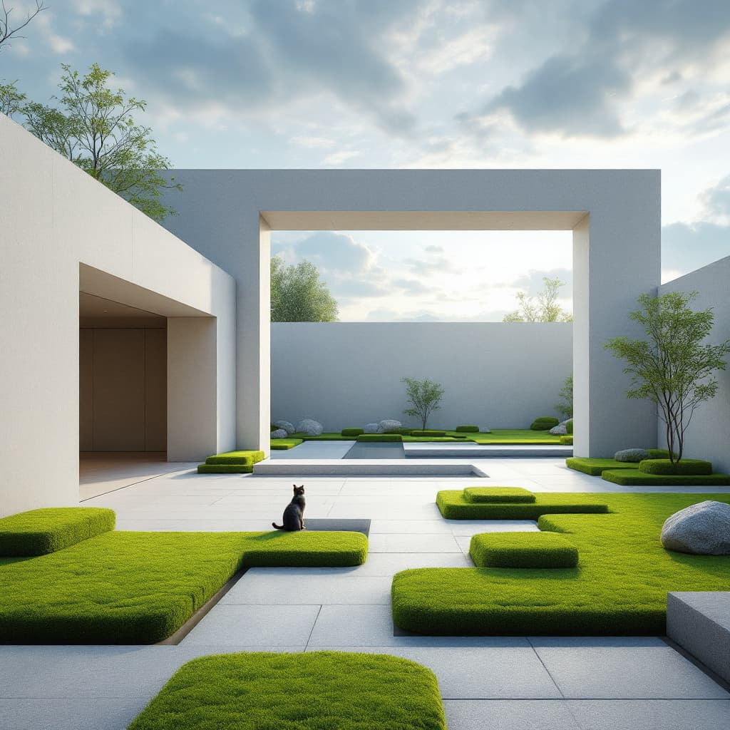 AI generated: Photographs, serene Zen Garden scenes, contemporary architectural contexts, minimalist gardens are m...
