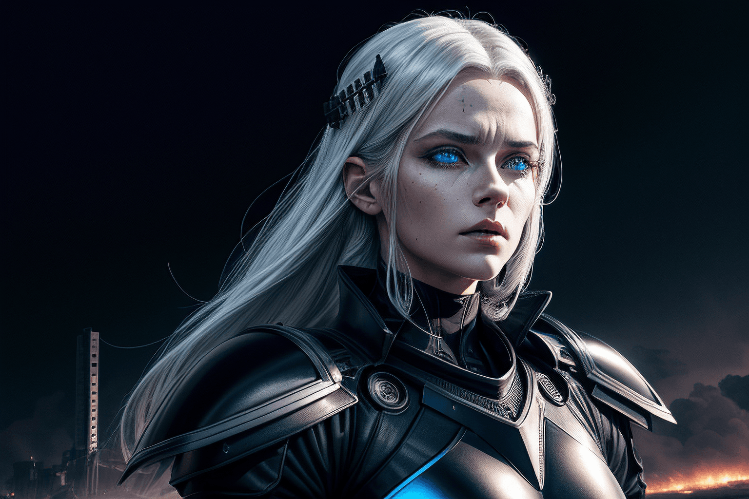 AI generated: a beautiful white-haired queen, future themed, ((wearing black formal clothes, black mechanical outf...