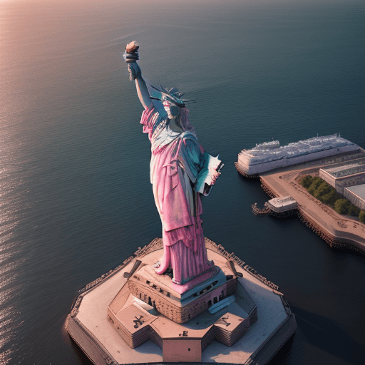 AI generated: Statue of Liberty wearing a pink fluffy fur coat, drone photo, 8k octane rendering, high resolution ...
