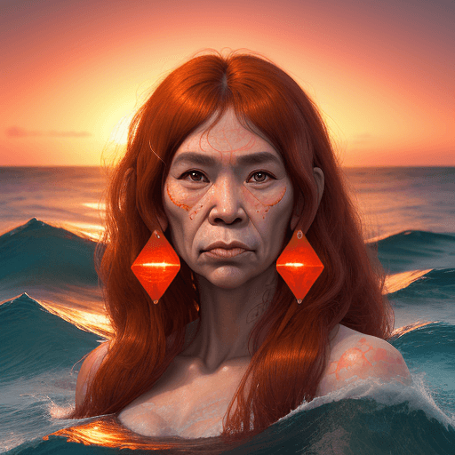AI generated: Neanderthal woman in the ocean on sunset, in the style of hyper-realistic portraits, gongbi, crimson...