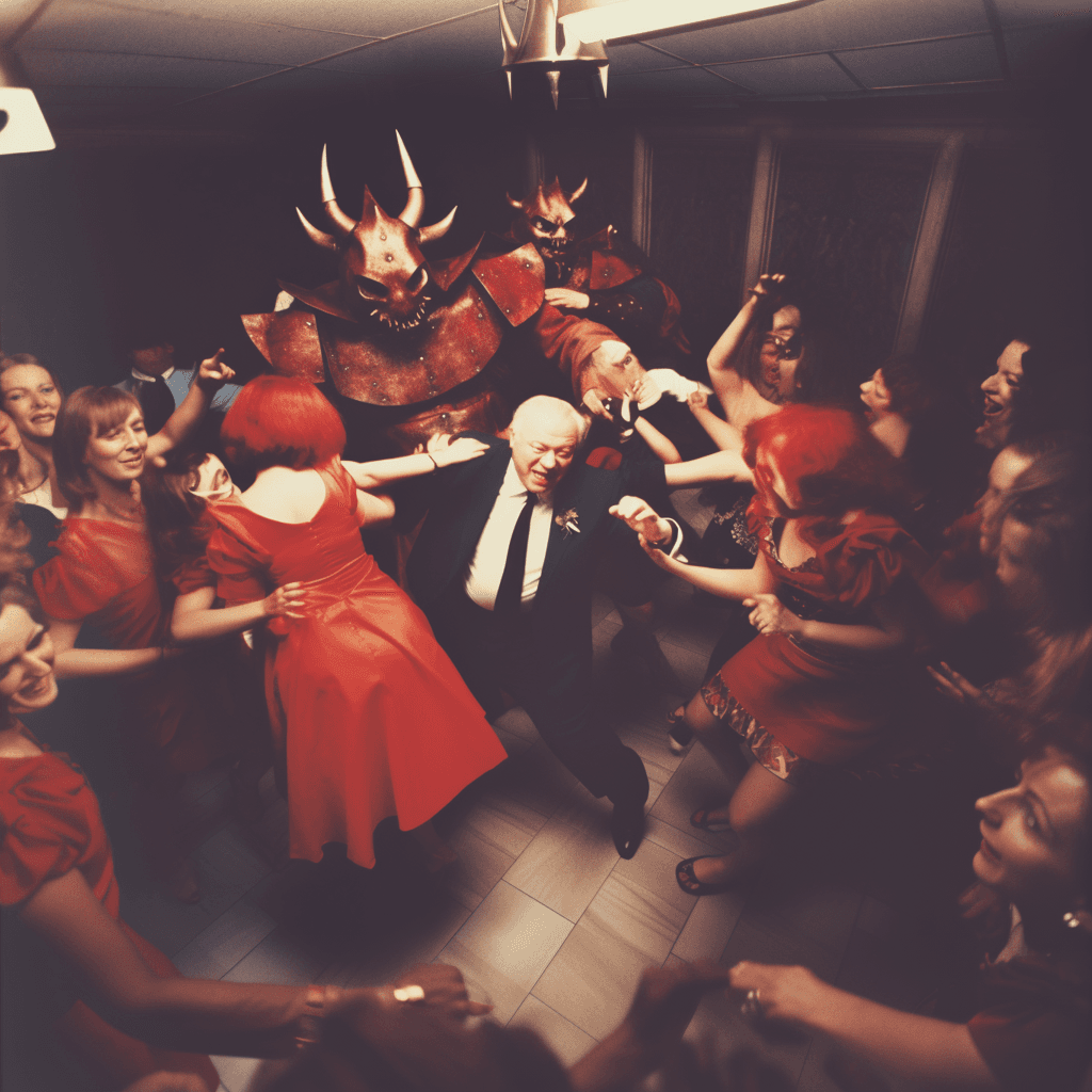 AI generated: photo of short male devil dancing with tall female witches in the dance floor of disco, photo realis...