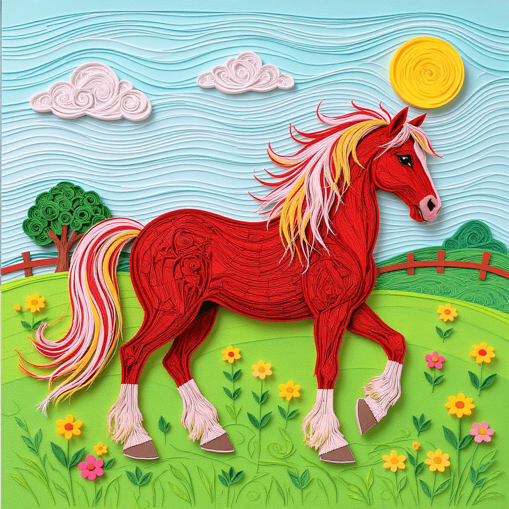 AI generated: Image of an Arabian stallion in a pasture done in colorful paper quilling 
