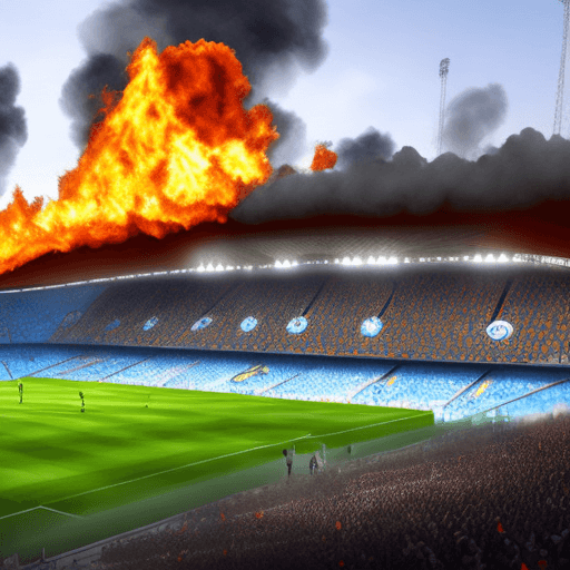 AI generated: Make a very realistic image where the stadium of Manchester City is burning with a lot of fire