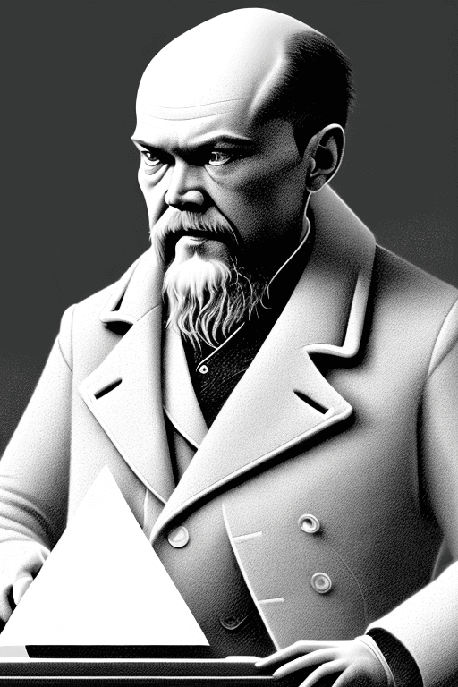 AI generated: A shockingly detailed monochromatic vector illustration of "Mr. Lenin" examining a strange and other...