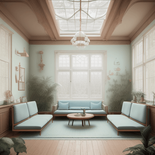 AI generated: High resolution photography interior design, dreamy sunken living room conversation pit, wooden floo...