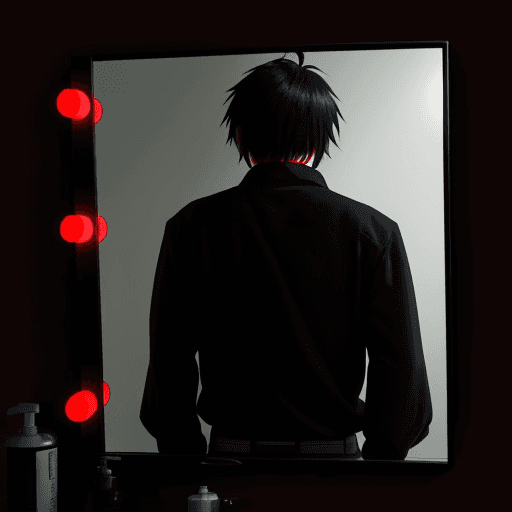 AI generated: anime man facing the mirror, lonely and unloved. Focus on his face. The background should be a white...
