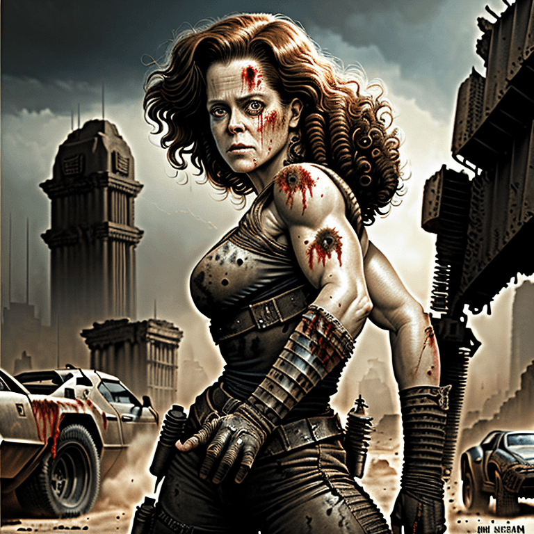 AI generated: portrait of Sigourney Weaver as a mad max post apocalyptic female warrior, strong, muscular, long fl...