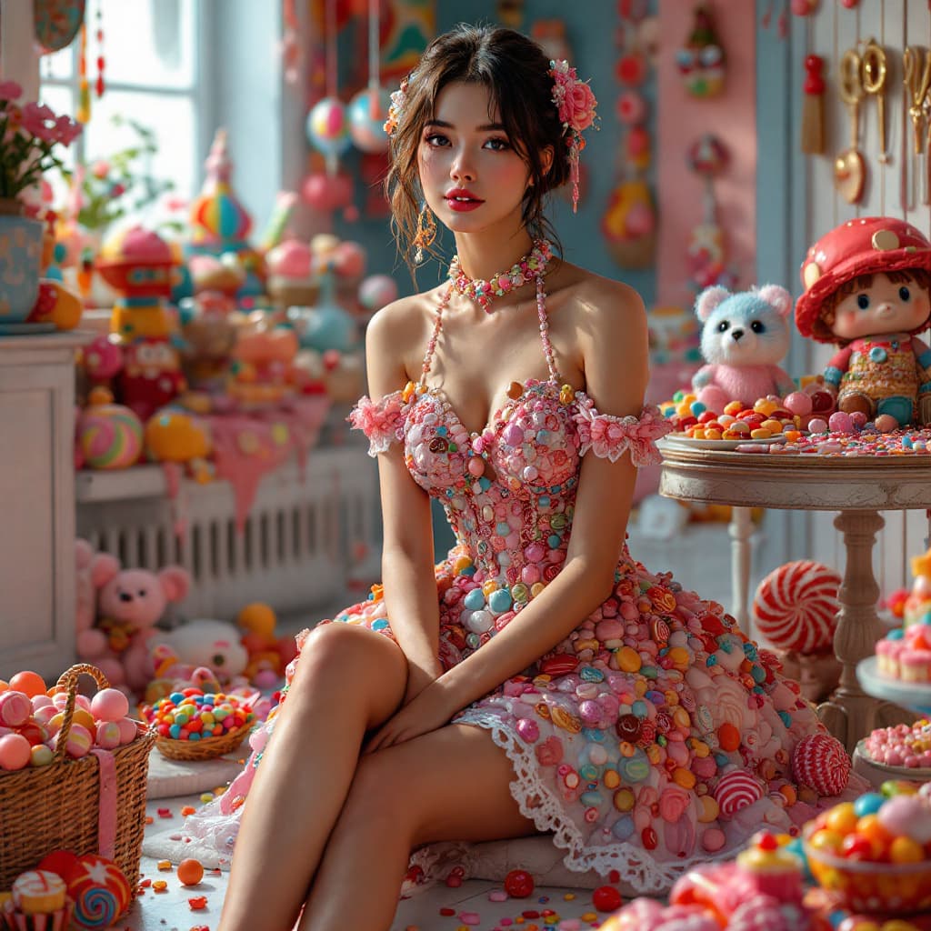 AI generated: A beautiful, sweet female wearing a short summerdress made entirely of sweets, bonbons,chocolate,car...