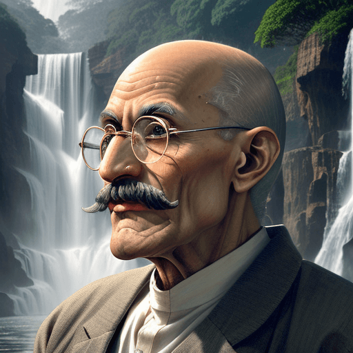 AI generated: Mahatma Gandhi Stunning visual photograph of an older, bald man wearing round clear glasses, which d...