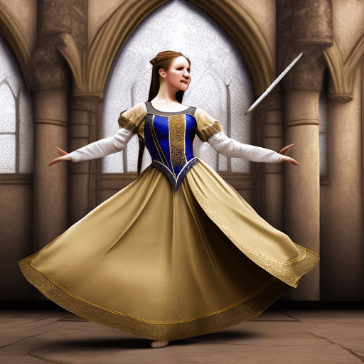 AI generated: Hyper realistic medieval female in fantasy style dance costume within a medieval great hall